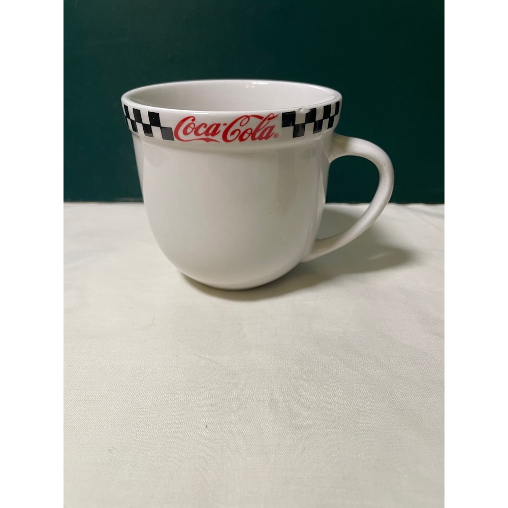 Coca-Cola Gibson Ceramic Coffee Mug White Checkered Rim 2002 Vintage Diner Style